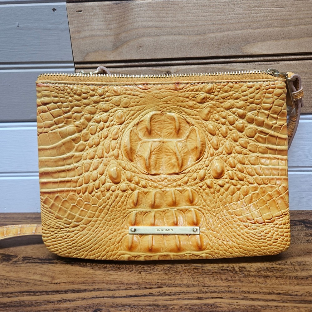 Brahmin Nectar Yellow Croc Embossed Leather Crossbody Bag Gold Hardware